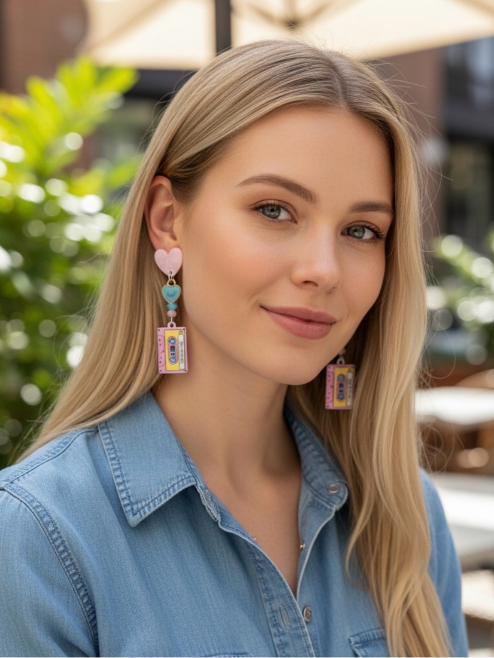 90’s mixed tape dangle earrings with blue heart accent.